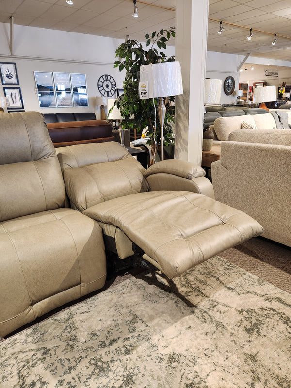 Best Maverly S910 Space Saver Recliner Sofa in light beige, featuring tilt headrest, displayed among sofas and decor.