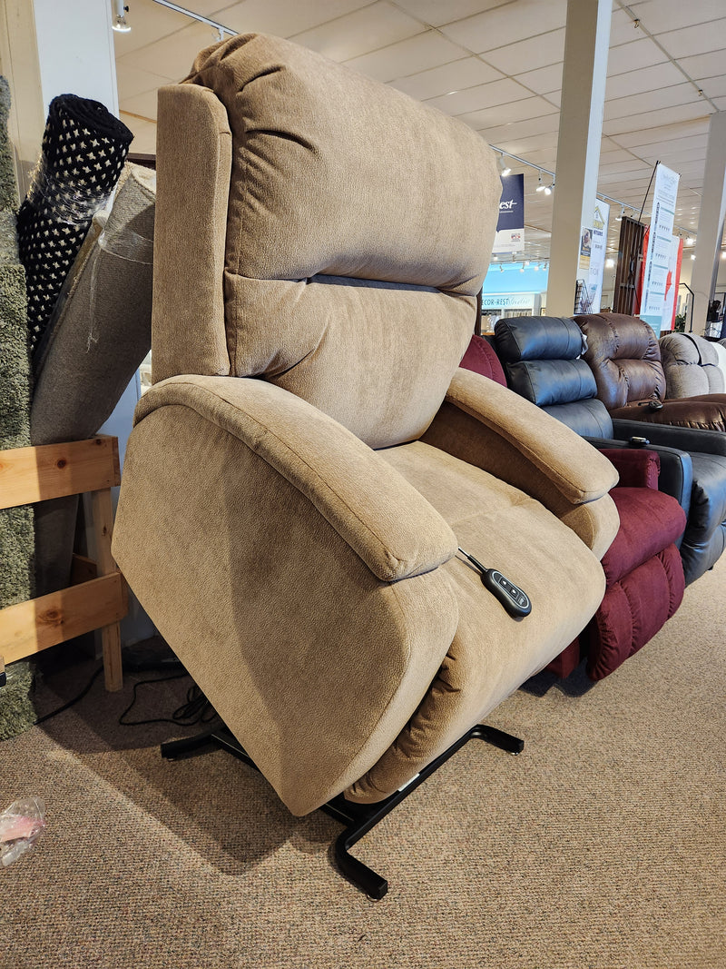 The Best Maverly 9N11 Lift Chair in tan with remote brings stylish comfort to any furniture store showroom.