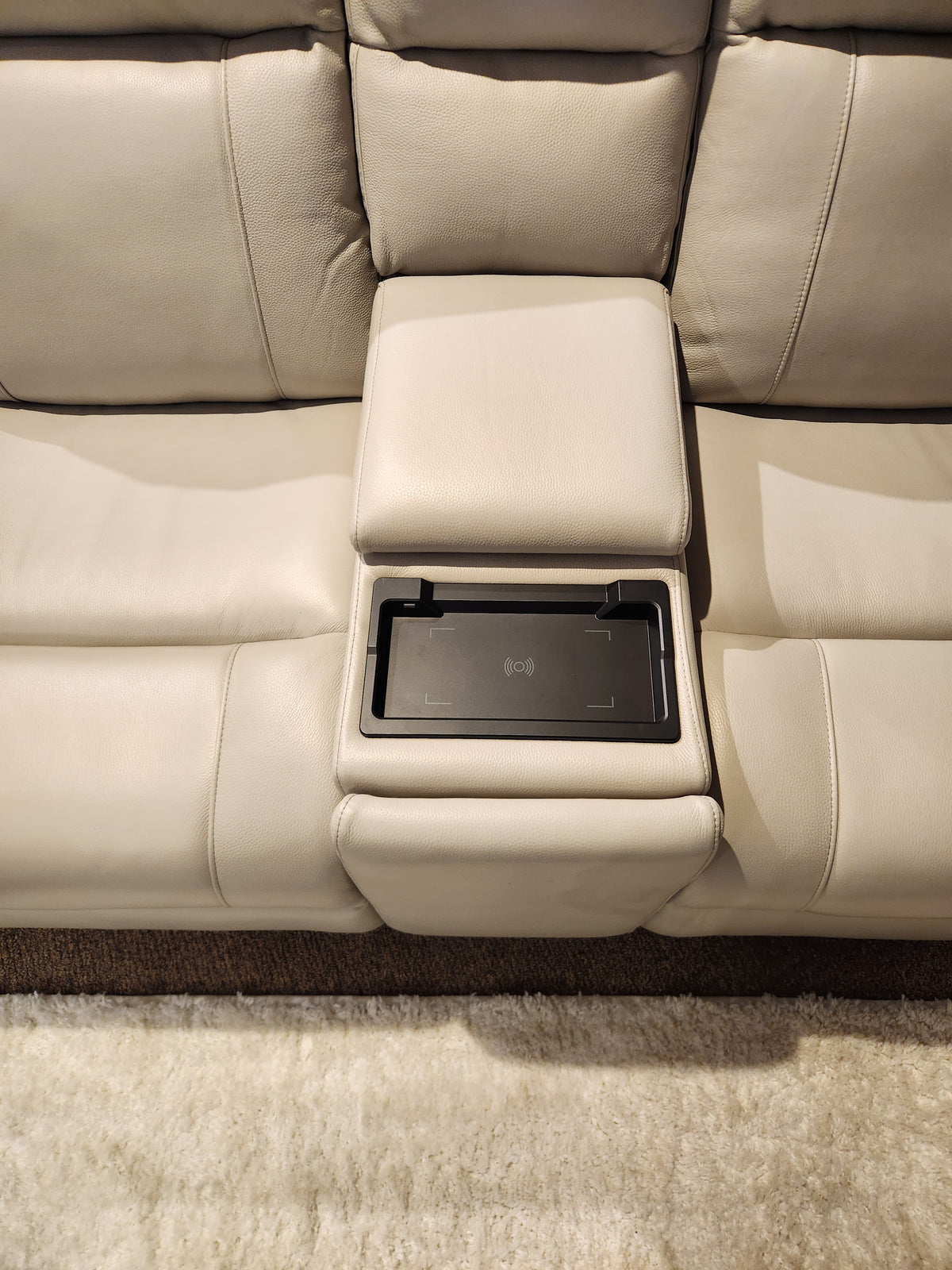 16 WEST Austin Power Recliner Loveseat-520157 in light beige with lumbar support, armrest, and wireless charging pad.
