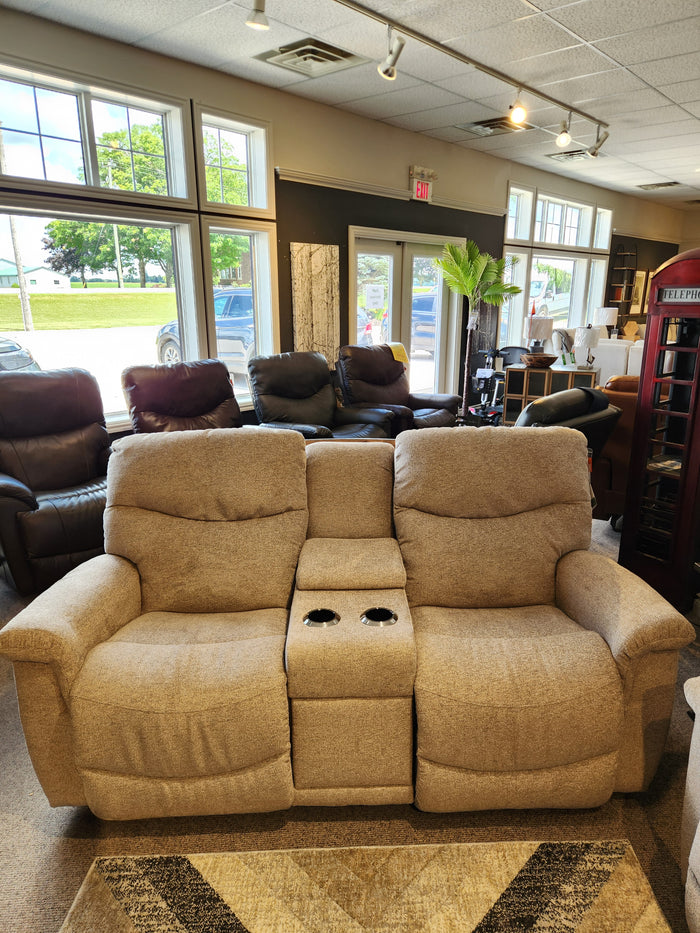 La-z-boy 521 James Loveseat with console, cup holders, made in USA, beige, featured in a bright showroom.