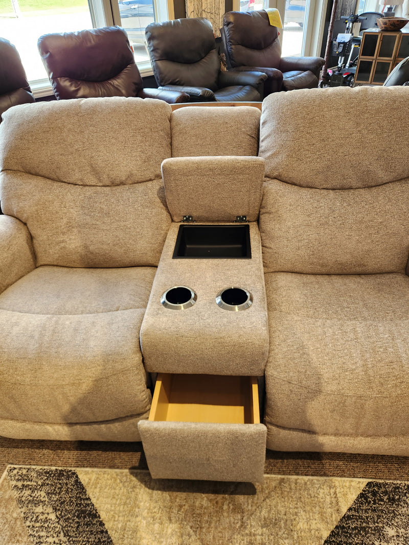 La-z-boy 521 James Loveseat with console: beige, US-made, cup holders, storage compartment, open drawer.