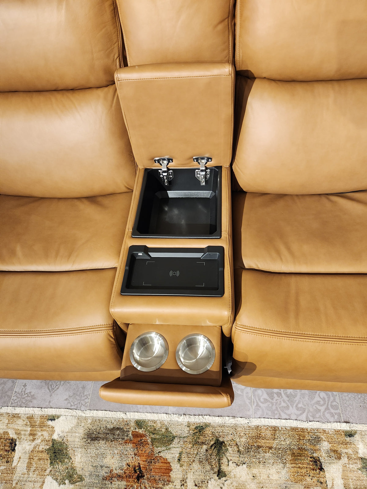 Overhead view of the 16 WEST Denver 2 Power Recliner Loveseat with open console, cup holders, and storage compartments.