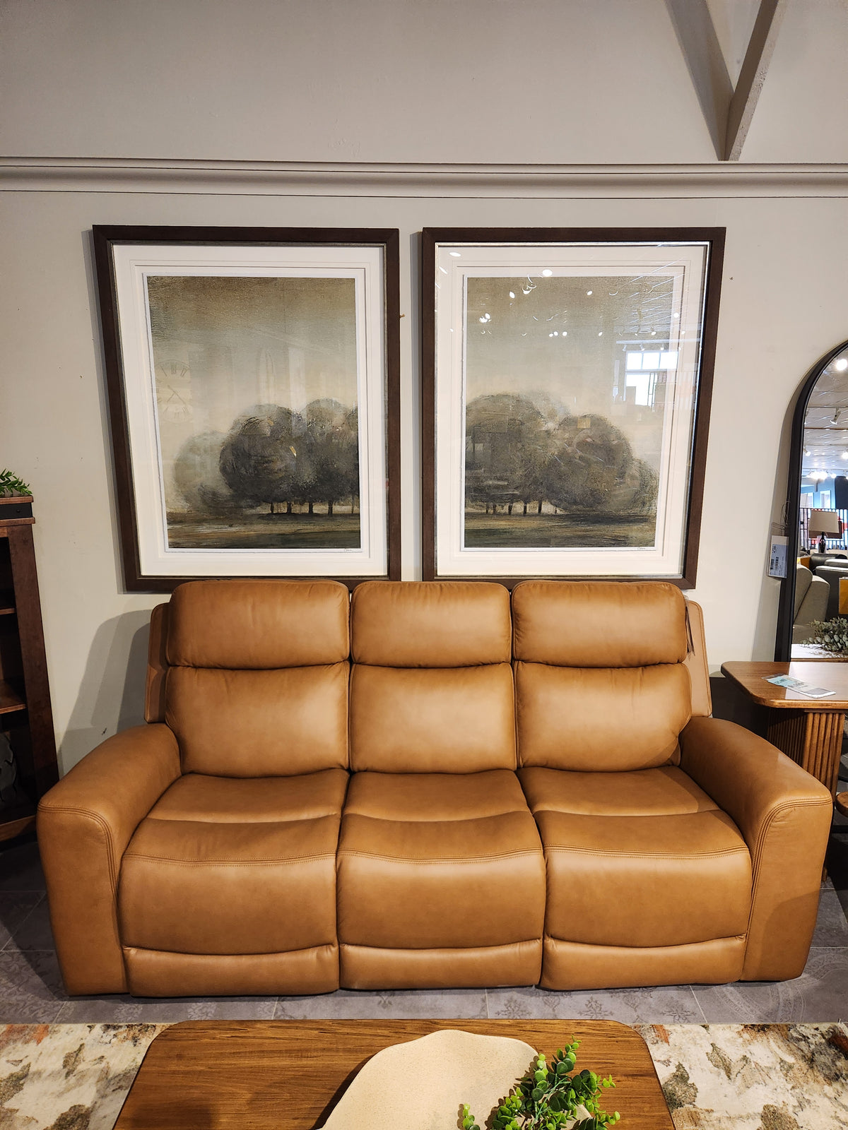 16 WEST Denver 2 Power Recliner Sofa-520257-003, tan leather, with lumbar support faces tree art, coffee table in front.