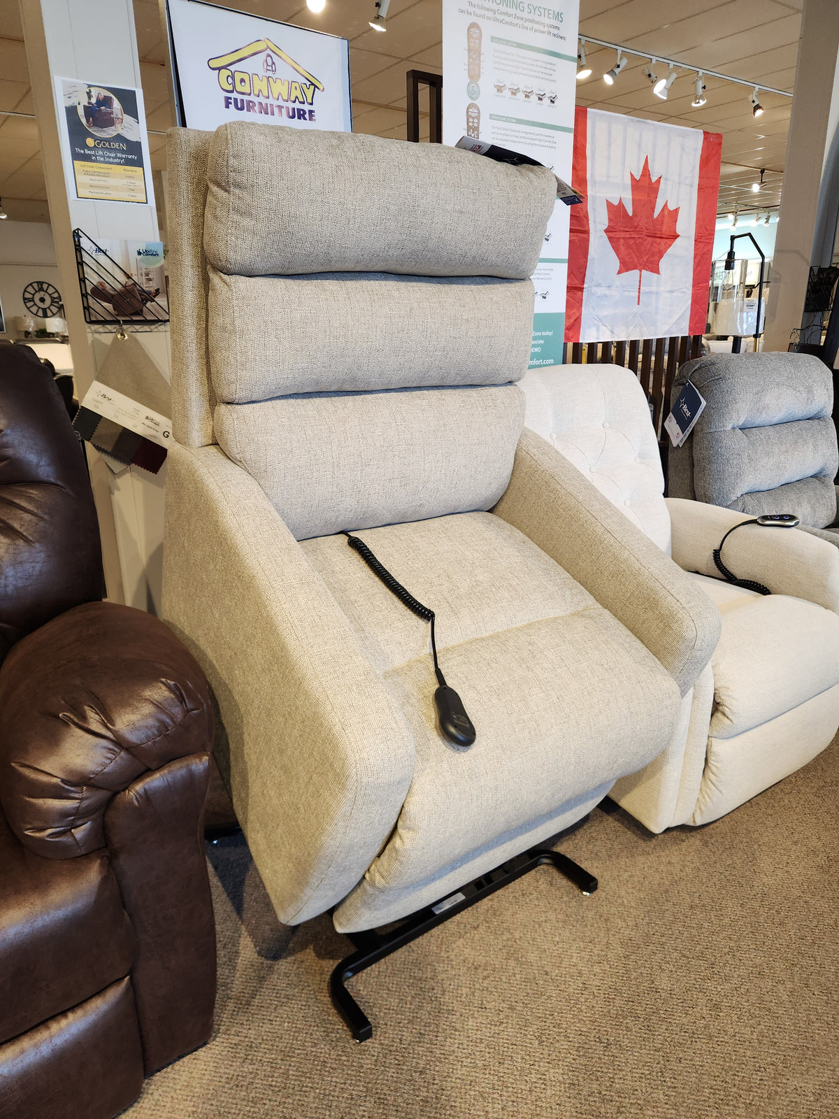 Best 9N31 Kristisha Power Lift Chair in beige with lumbar adjustment and remote control displayed on the seat.