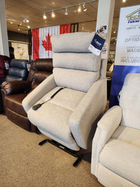 Best 9N31 Kristisha Power Lift Chair in light beige with lumbar support and remote, shown with a Canadian flag.