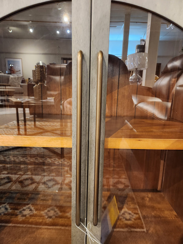 Close-up of metal handles on Jofran's 2294 Archdale Gothic Arch 2 Door Accent Cabinet with wood shelves.