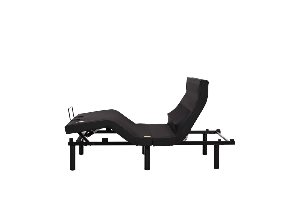 Fashion Tranquility Adjustable Base in black, reclined on white, with wireless remote adjustable features.