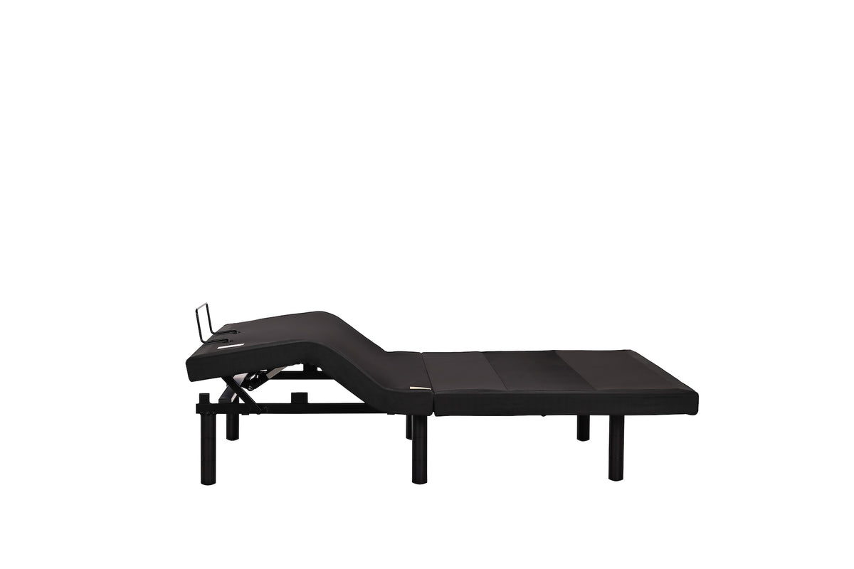 The Fashion Tranquility Adjustable Base, shown in profile, features a black frame with an elevated head and wireless remote.