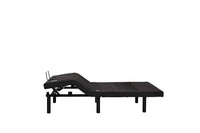The Fashion Tranquility Adjustable Base, shown in profile, features a black frame with an elevated head and wireless remote.