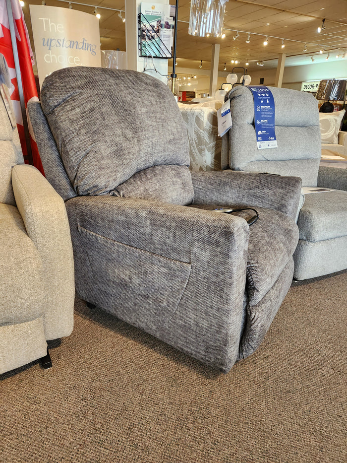 La-z-boy 793 Jean Bronze Lift Chair recliner in gray upholstery on display with price tags attached.