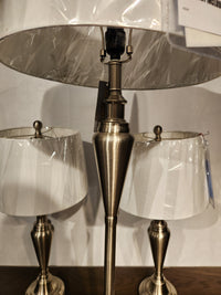 Adesso Lamp Glendale 3 Piece Lamp Set with white shades, shown in protective plastic on a wooden surface.