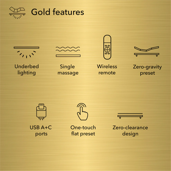 Beauty-Rest Gold Adjustable Base: gold icons show underbed lighting, zero-gravity, massage, USB ports & more.