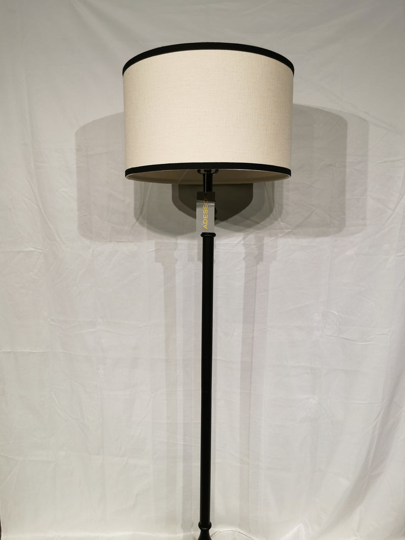 The Adesso Zeek Floor Lamp offers customizable lighting and a black wood finish with a beige drum shade.