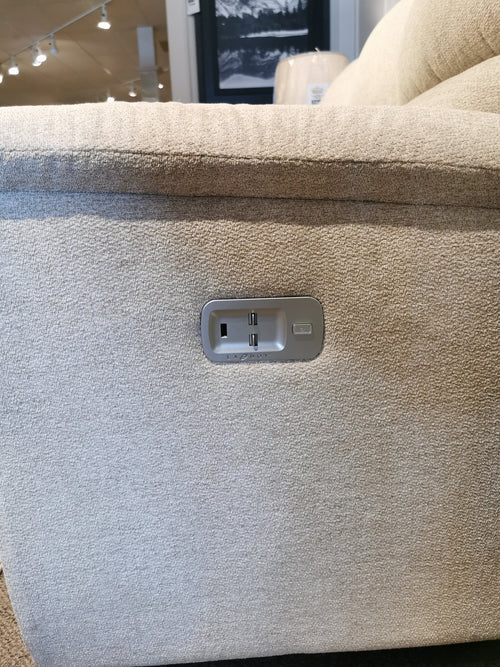 La-Z-Boy's 727 Brooks Power Reclining Sofa with USB, outlet, and comfort displayed on carpeted showroom floor.