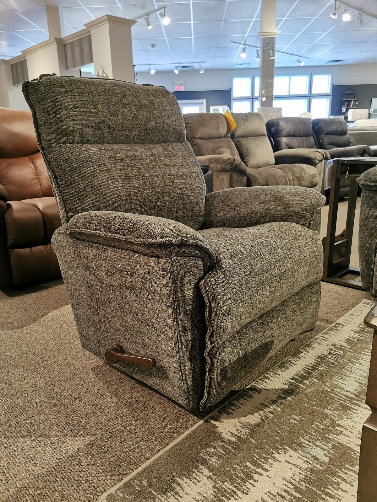 La-z-boy 706 Jay Rocker Recliner in gray fabric on display, proudly made in America.