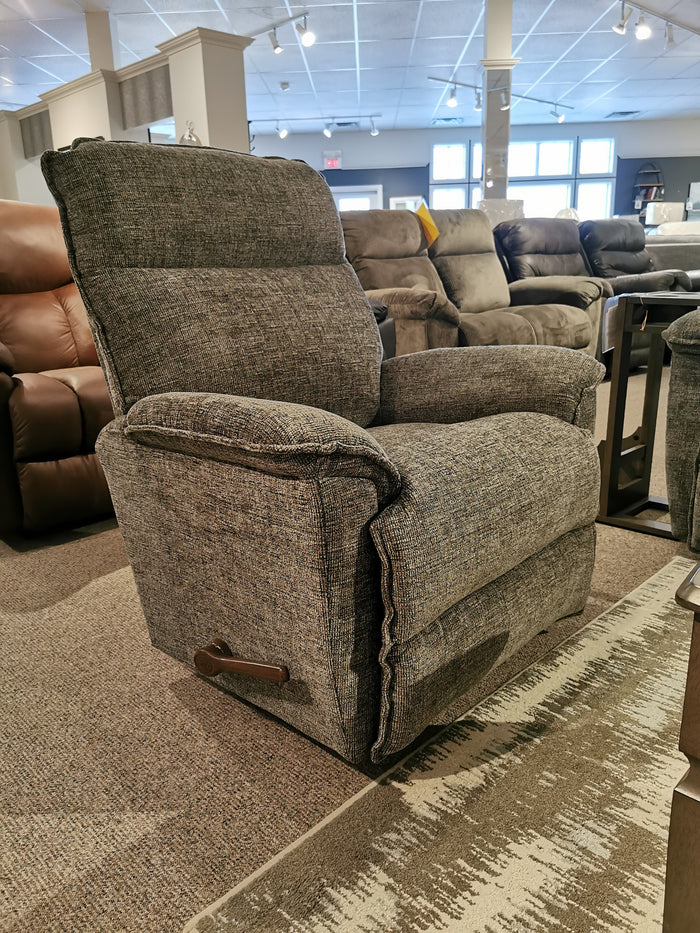 La-z-boy 706 Jay Rocker Recliner in gray fabric on display, proudly made in America.