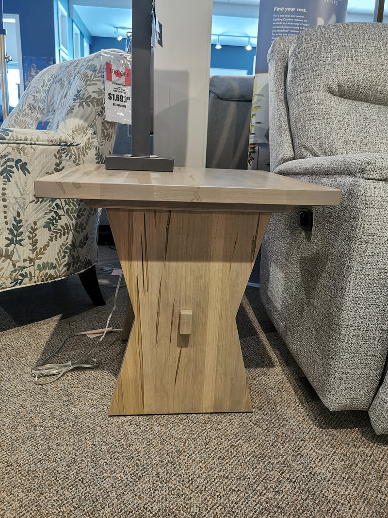 The Handstone JA23 Jasper End Table features a geometric wood base that evokes Jasper National Park's rugged terrain.