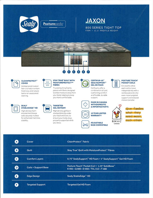 Promotional poster for the Jaxon TT Firm Mattress by Sealy, showcasing targeted support and compatibility with adjustable bases. Experience the opulent comfort of Sealy Comfort Gel HD foam for a restful night's sleep on a Certipur-US certified mattress, guaranteeing both quality and safety.