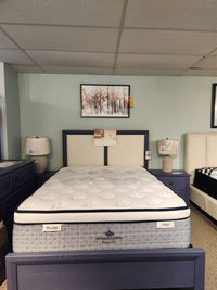 A showroom display featuring the KingsDown Radiance Elite 2 ET Firm Mattress, flanked by nightstands and art above.