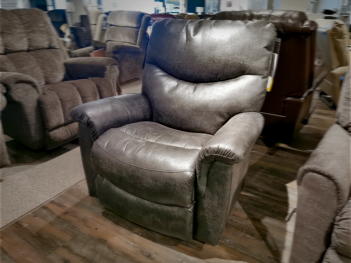 A large dark brown La-z-boy 521 James Rocker Recliner with rocking and reclining motion, shown among other recliners.