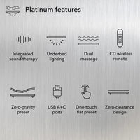 Beauty-Rest Platinum Adjustable Base features: zero-gravity, dual massage, USB ports & more—all with easy-to-read icons.