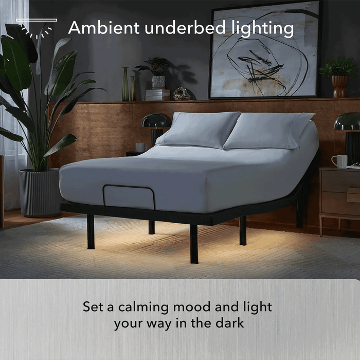 Modern bedroom with the Beauty-Rest Platinum Adjustable Base featuring underbed lighting, surrounded by plants and decor.