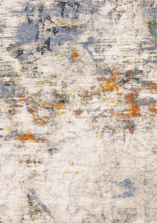 Close-up of Kalora Swift 5704/DY23 area rug with distressed beige, blue, orange, yellow, and green geometric designs.