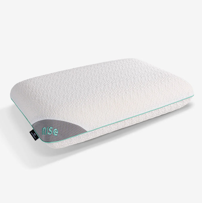 The Rise Performance Pillow by Bed Gear is a rectangular white pillow with a textured cover and gray "nise" logo panel.