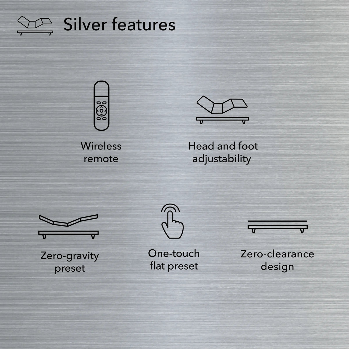 Beauty-Rest Silver Adjustable Base: adjustable head/foot, wireless remote, zero-gravity preset, one-touch flat.