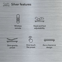 Beauty-Rest Silver Adjustable Base: adjustable head/foot, wireless remote, zero-gravity preset, one-touch flat.
