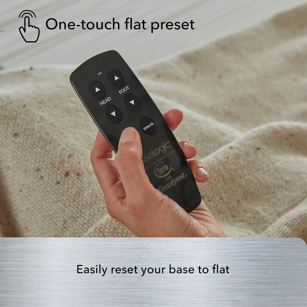 Hand holds the Silver Adjustable Base remote by Beauty-Rest, showing reset to flat or zero-gravity preset options.
