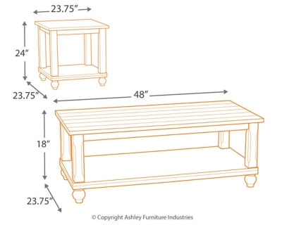 Ashley Cloudhurst Tables Set of 3 shown in line drawings with sizes: 48x23.75x18 & 23.75x23.75x24 in, labeled dimensions.
