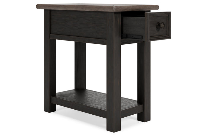 Ashley T736 Tyler Creek dark wood chairside end table with dual USB ports, side drawer, and lower shelf.