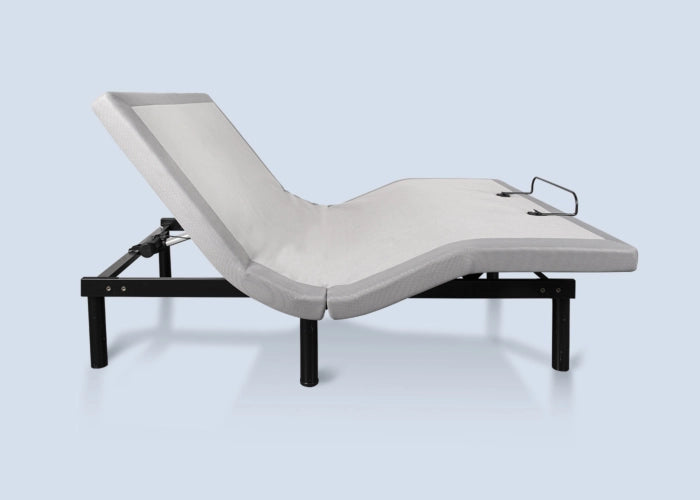 Flex LS Queen Adjustable Base by Bed Gear, features dual-sided massage, shown partially elevated on a light blue background.