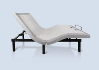 Flex LS Queen Adjustable Base by Bed Gear, features dual-sided massage, shown partially elevated on a light blue background.