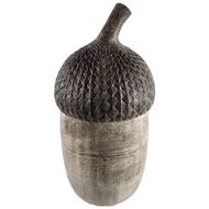 The Mercana product, 57897 Mandor 2, is a large decorative resin acorn sculpture with a textured top and smooth base, offering elegant jewelry storage through its cleverly designed removable lid.
