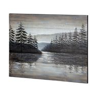 The 67723 Sunset Narrows by Mercana is a hand-painted grayscale masterpiece that captures a tranquil river scene, with pine trees standing serenely under a cloudy sky and their reflections dancing upon the water.