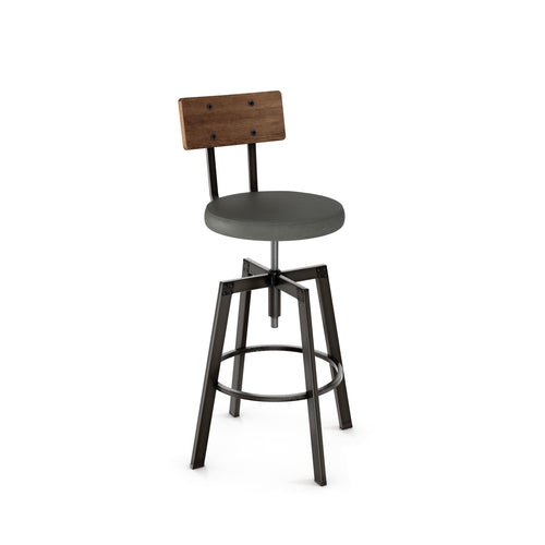 The Architect Counter Height Stool by Amisco features a round gray seat, wood backrest, and footrest. Quebec made.