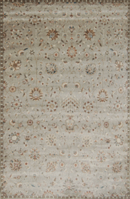 The Alloray Perth 111e is a light gray, stain-resistant area rug with intricate floral and geometric neutral patterns.